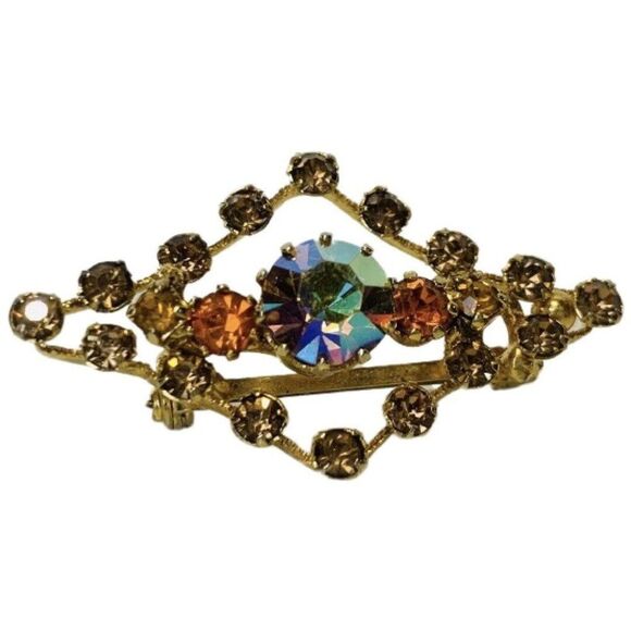 Vintage Austrian Crystal Aurora Borealis Shimmering Gold Tone Women’s Brooch - Picture 6 of 9
